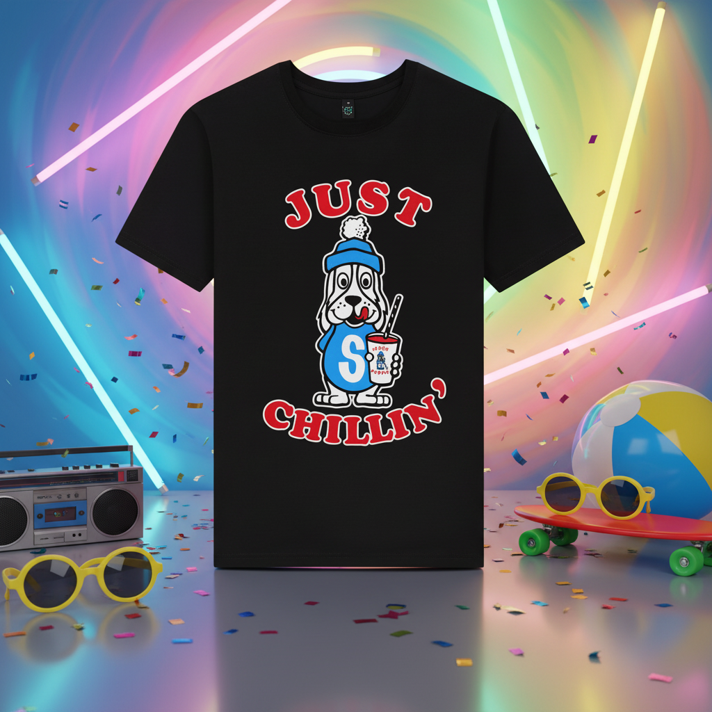 A black short-sleeve crewneck t-shirt featuring a cartoon dog graphic in a blue beanie holding a drink, with the red text 'JUST CHILLIN'' printed above and below.