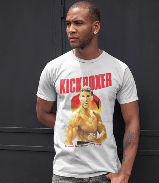 man wearing mens unisex short sleeve white t shirt featuring Kickboxer movie poster print