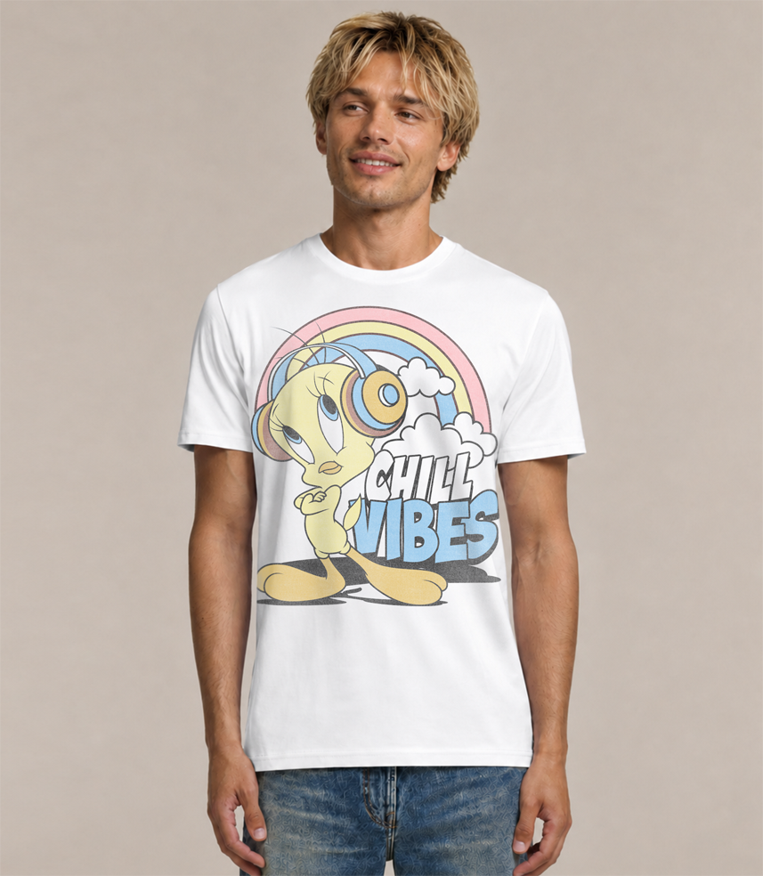 A man wearing a white short sleeve crew-neck t-shirt with a colourful cartoon graphic of Tweety Pie under a rainbow with the text 'CHILL VIBES'. Official Looney Tunes by Get Lucky Clothing
