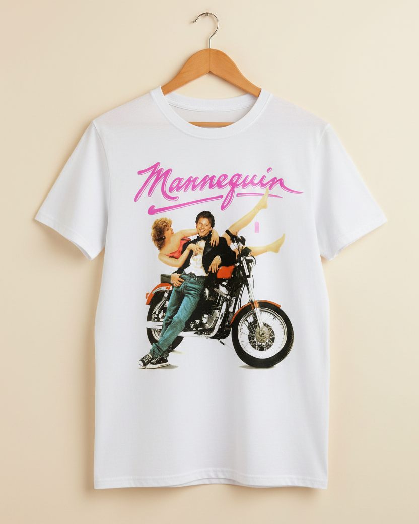 Mannequin 80s movie inspired men’s white T-shirt with colourful retro movie graphic