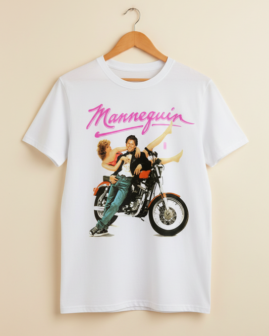 Mannequin 80s movie inspired men’s white T-shirt with colourful retro movie graphic