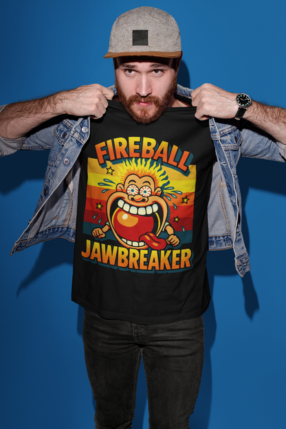 Man wearing a short sleeve black t-shirt with retro 'Fireball Jawbreaker' graphic design 