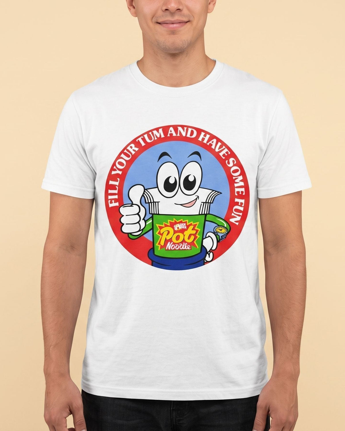 A man wearing a white crewneck t-shirt with a colorful cartoon graphic of a blue character holding a Pop Noodles, set against a solid beige background.