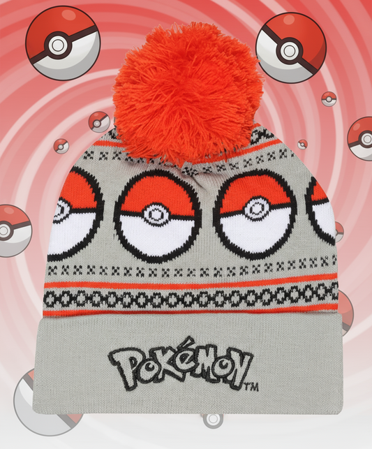 Officially Licensed Pokémon beanie with red pom-pom and Pokémon logo with poke ball design