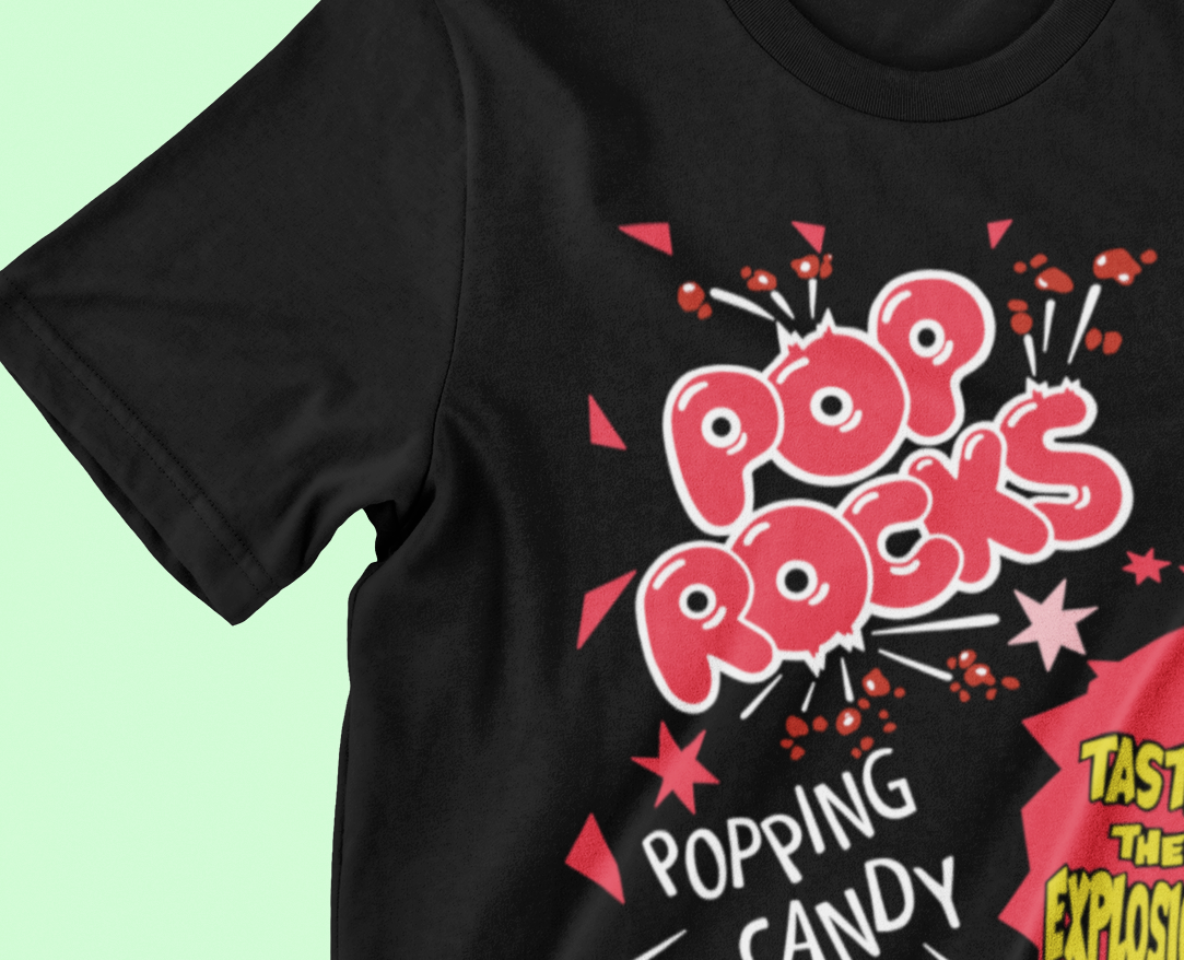 pop rocks black tee close up