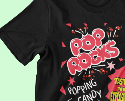 pop rocks black tee close up