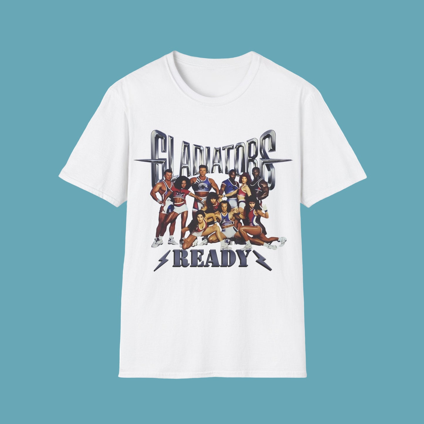 White t-shirt with graphic design of people and text on a white background