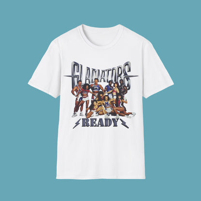 White t-shirt with graphic design of people and text on a white background