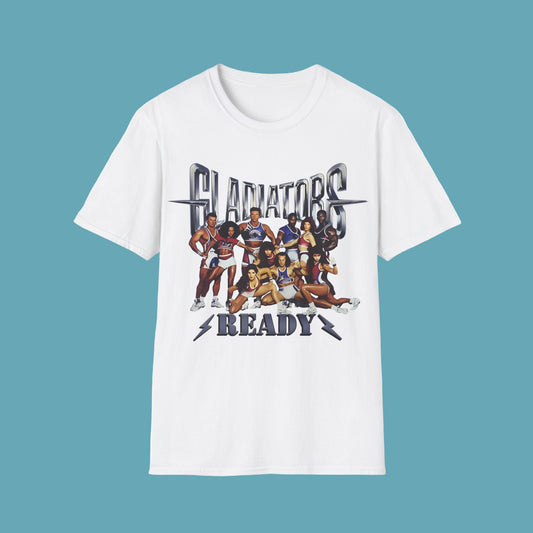 White t-shirt with graphic design of people and text on a white background