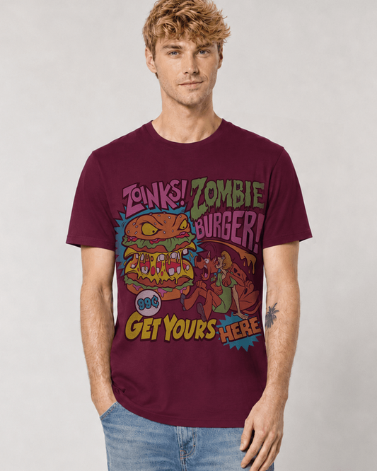 Man wearing a Burgundy Scooby-Doo Zombie Burger graphic T-shirt