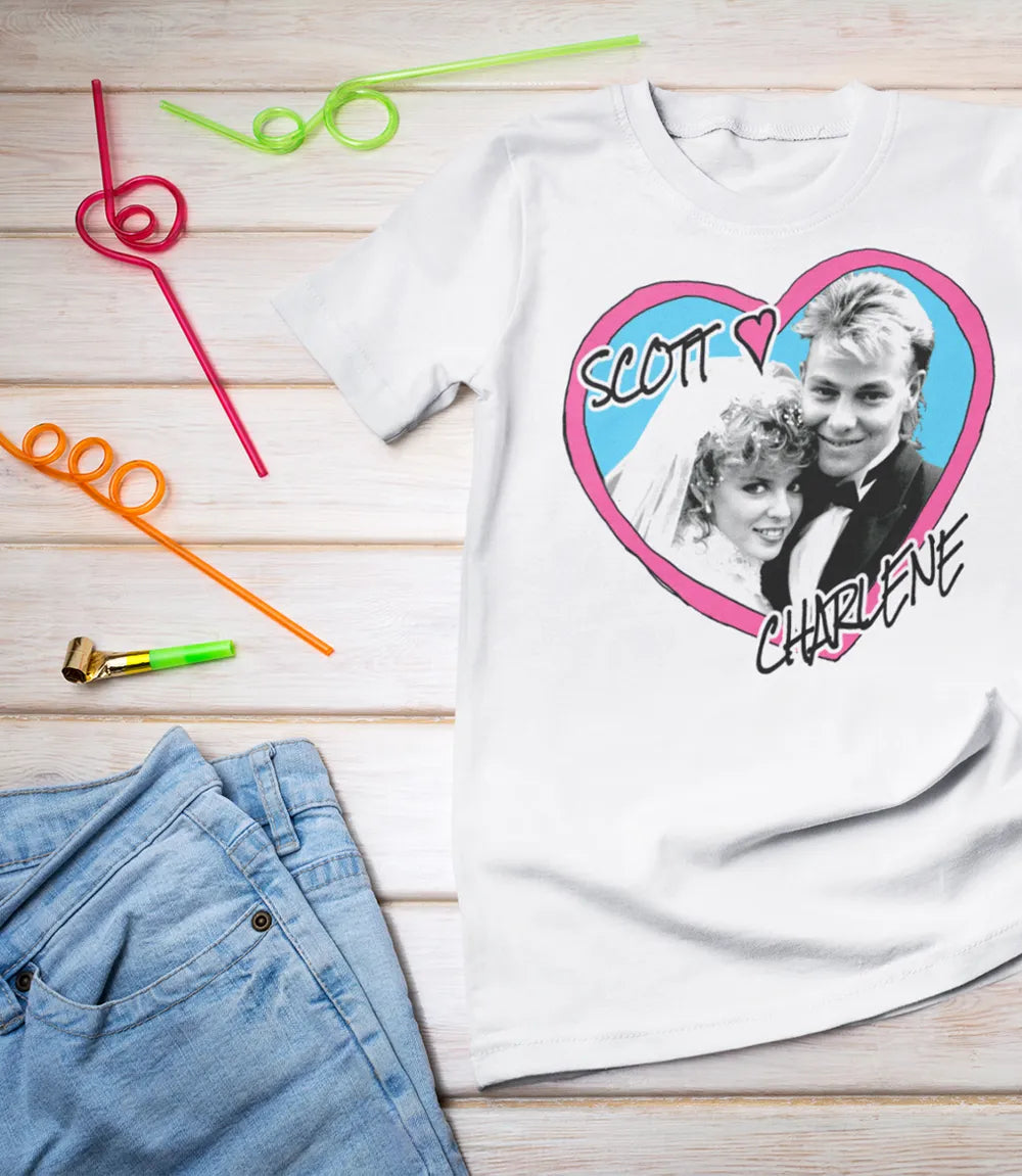 Scott & Charlene Heart Photo Tee | Retro Neighbours TV Wedding T-Shirt