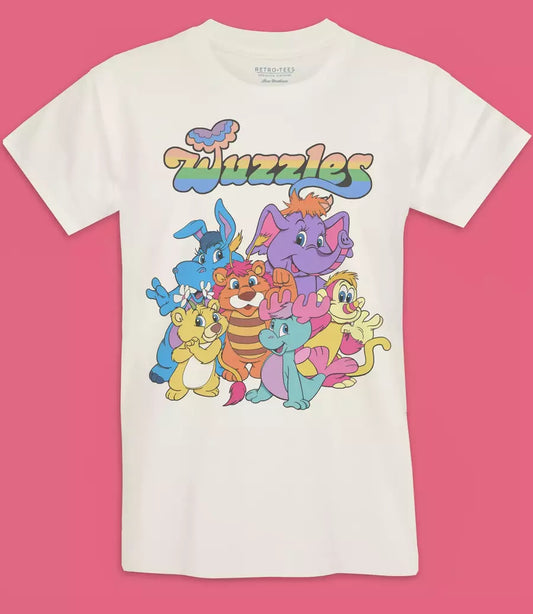 Retro Tees 80s wuzzles cartoon vintage cream short sleeve t-shirt featuring rainbow logo and all wuzzles characters