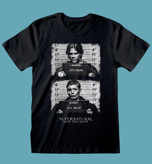 Black t-shirt with 'Supernatural' mugshot design on a white background