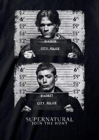 Mugshot design with 'Supernatural' text on a black background