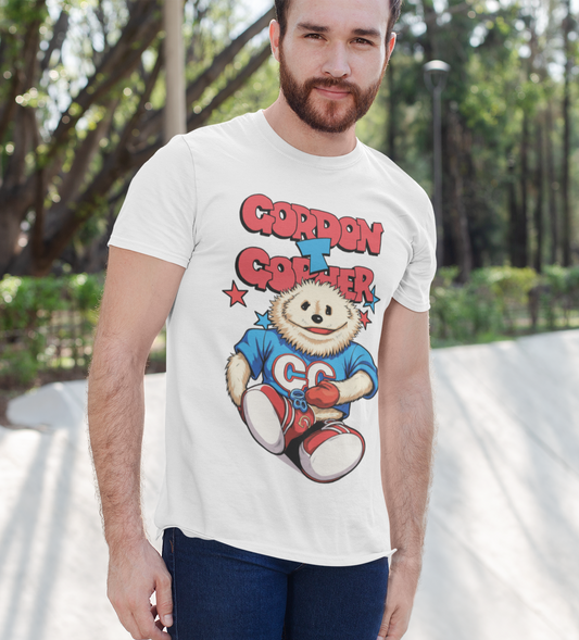 Man wearing a short sleeve white t-shirt with retro Gordon The Gopher design and Gordon T Gopher text