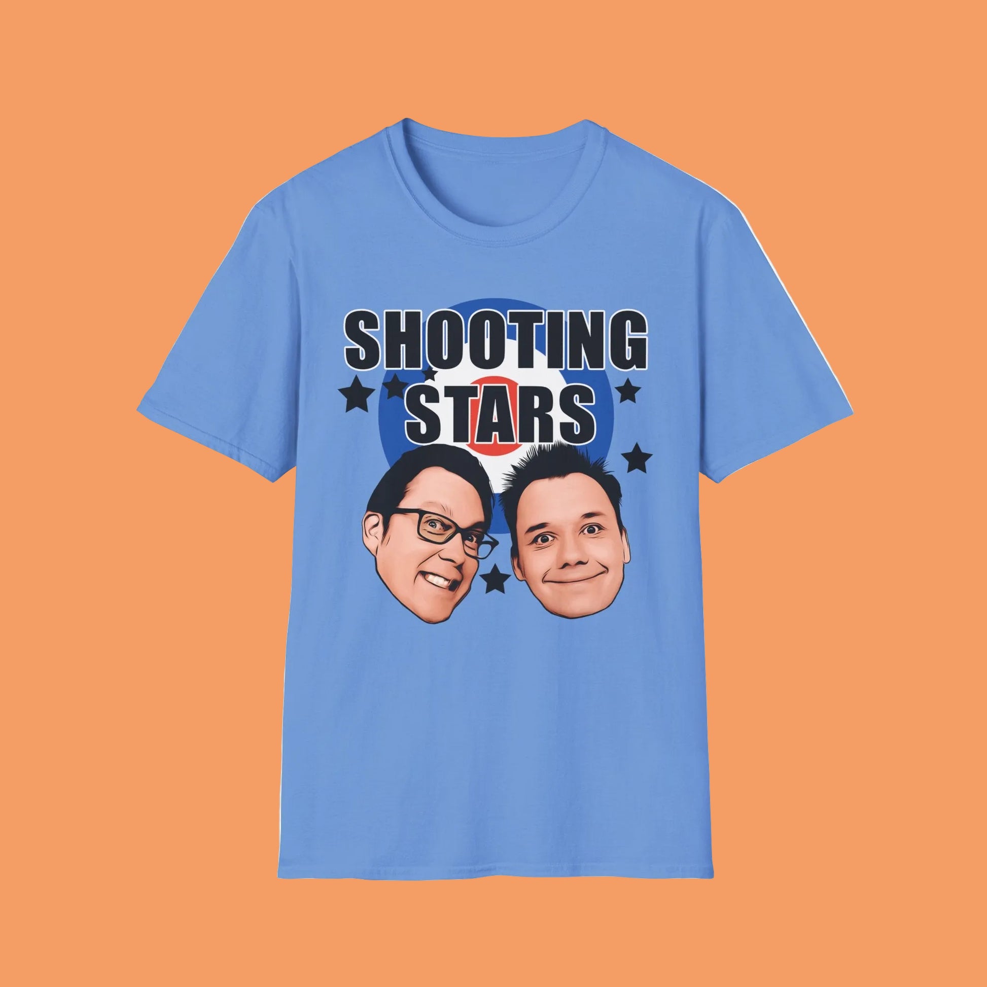 Blue t-shirt with 'Shooting Stars' text and two faces Vic and Bob