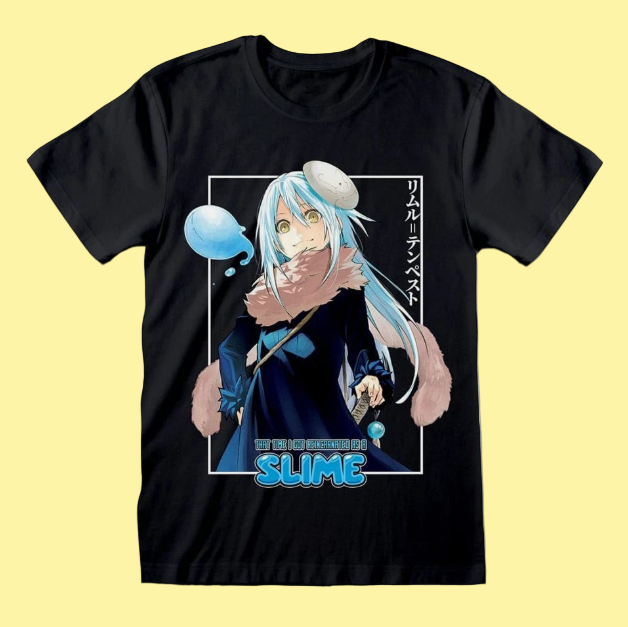 black short sleeve t-shirt with anime Rimuru character and 'that time i got reincarnated as a slime' text 