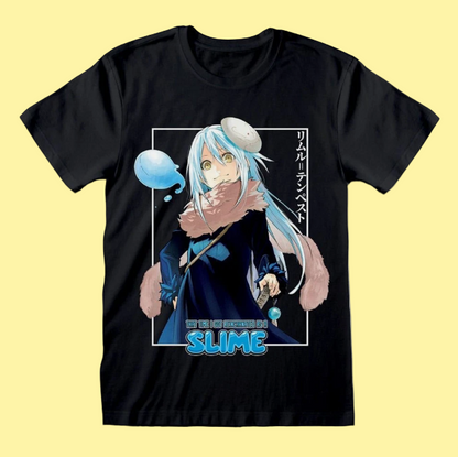 black short sleeve t-shirt with anime Rimuru character and 'that time i got reincarnated as a slime' text 