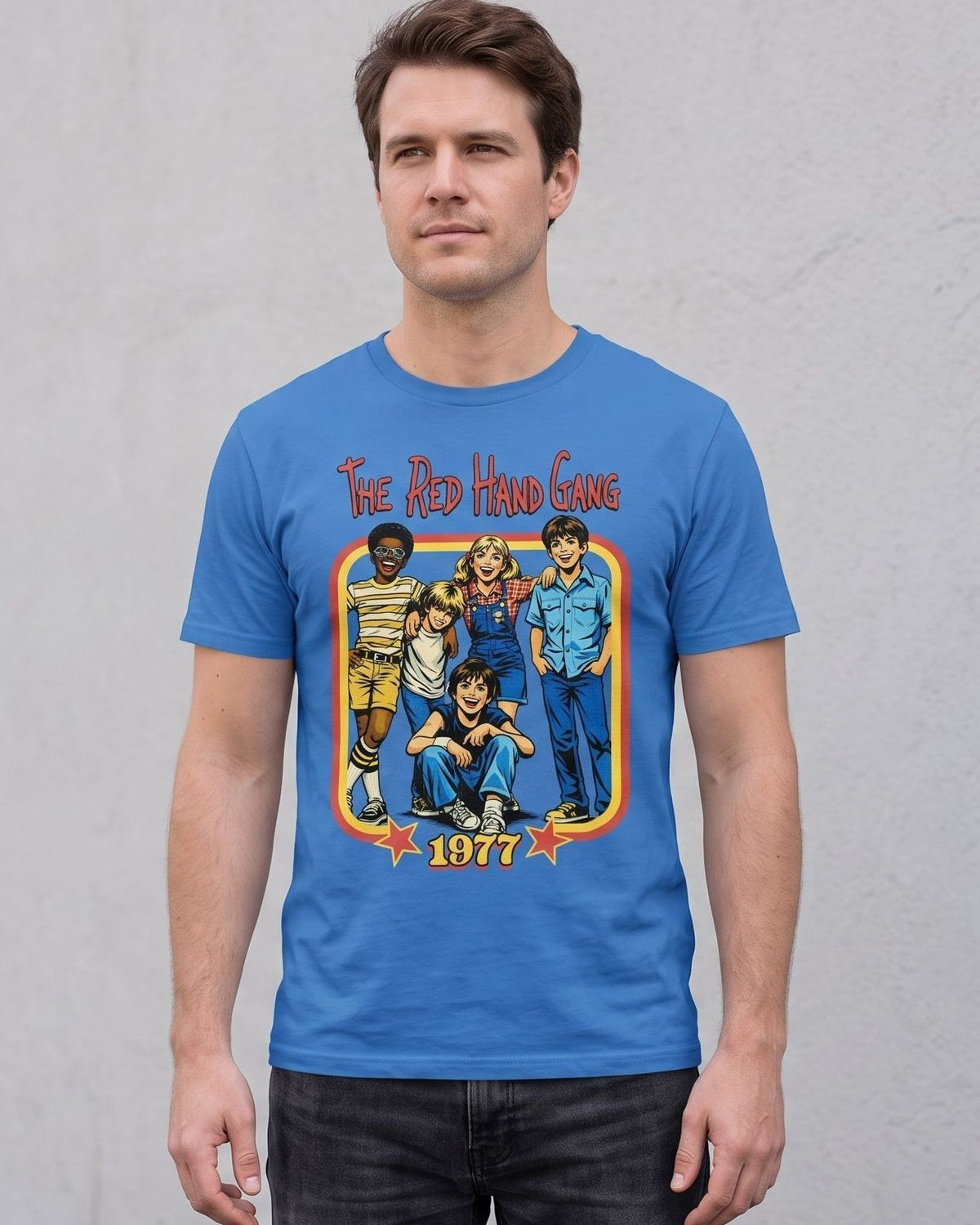 Men’s blue The Red Hand Gang 1977 retro TV T-shirt shown worn