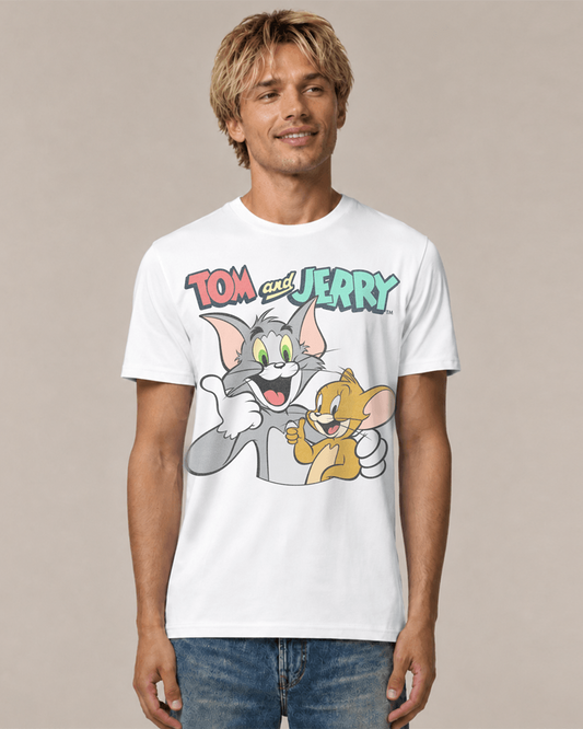 Man wearing a white Tom and Jerry Friends retro graphic T-shirt