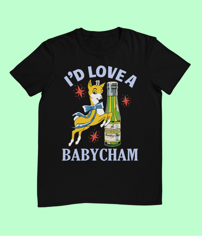 Black t-shirt with graphic design and text on a light green background