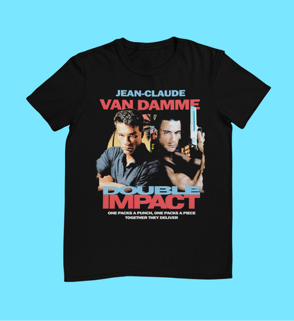 Black t-shirt with Jean-Claude Van Damme graphic on a blue background