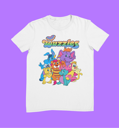 White t-shirt with colourful cartoon characters and 'Wuzzles' text on a purple background