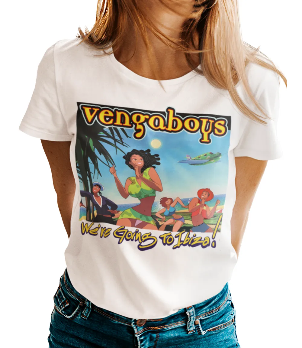 White t-shirt with 'vengaboys' graphic design featuring a tropical scene and We're Going To Ibiza text.