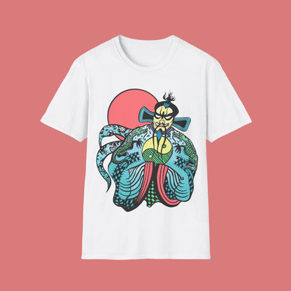 White short sleeve t-shirt featuring Big Trouble in Little China Jack Burton Fu Man Chu design