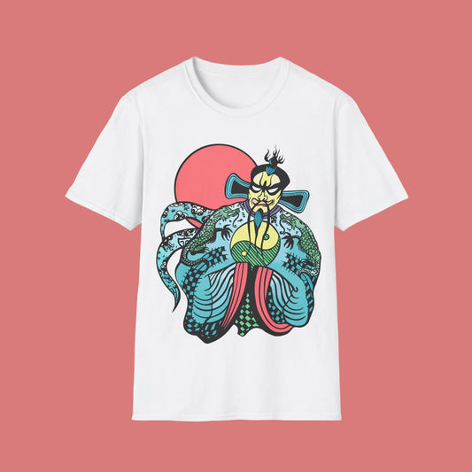White short sleeve t-shirt featuring Big Trouble in Little China Jack Burton Fu Man Chu design