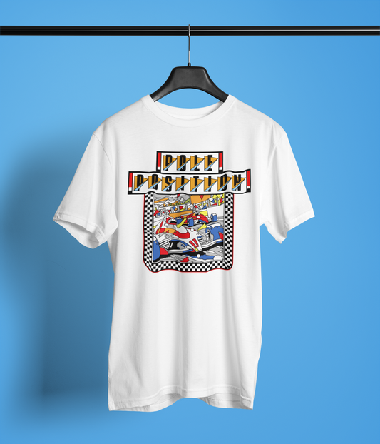 White t-shirt with Pole Position arcade racing car game graphic on a hanger against a blue background