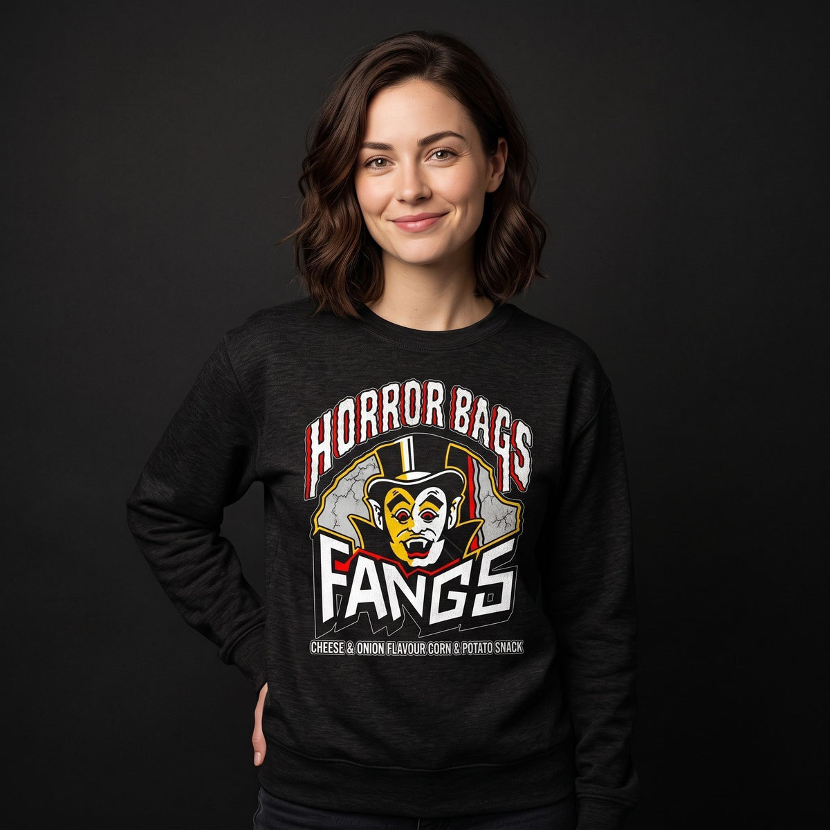 woman wearing Black Smoke Printed Sweater featuring Retro 80s snacks Horror Bags Fangs design