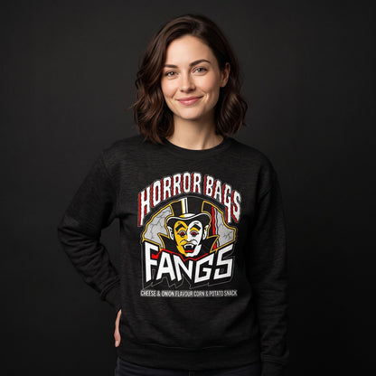 woman wearing Black Smoke Printed Sweater featuring Retro 80s snacks Horror Bags Fangs design
