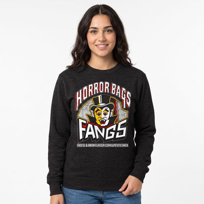 woman wearing Black Smoke Printed Sweater featuring Retro 80s snacks Horror Bags Fangs design