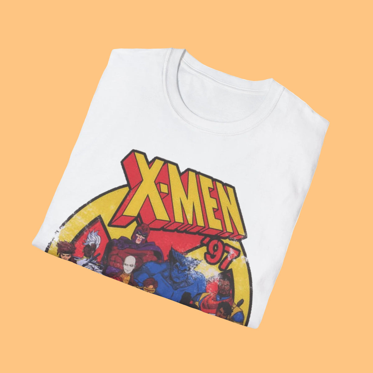 A white short-sleeve crewneck t-shirt featuring a vintage-style distressed graphic of the X-Men '97 comic book cover, displayed on a clean white background.